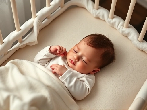 아늑한 아기 침대에서 편안하게 잠든 신생아, 부드러운 조명과 포근한 침구 강조
