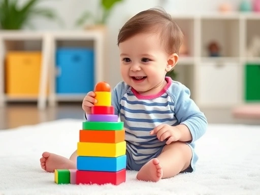 A joyful 18-month-old child, sitting on a soft play mat, happily stacking colorful building blocks, with focus and concentration, demonstrating fine motor skills for 18개월 아기 놀이.