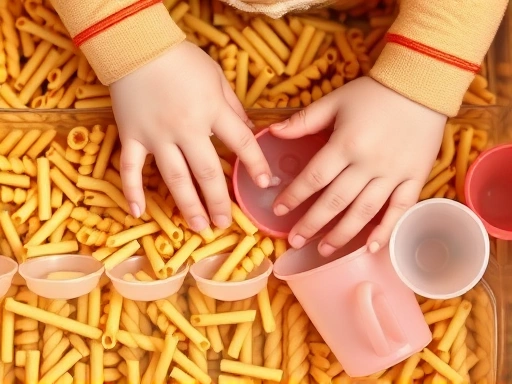 A close-up of an 18-month-old's hands exploring a sensory bin filled with dried pasta and small plastic cups, focusing on tactile exploration and early concept of pouring and scooping as a sensory pla...