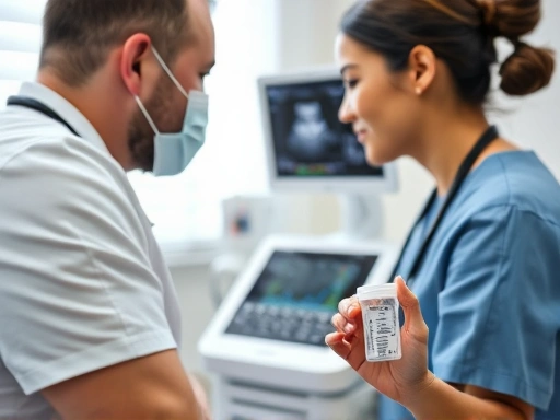 난임 검사 과정에서 의료진이 환자와 친절하게 상담하며, 초음파 검사 장비를 사용하거나 정액 검사를 위한 샘플 용기가 보이는 클로즈업 장면
