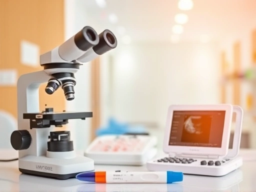 다양한 난임 검사 도구들(현미경, 호르몬 검사 키트, 초음파 장비)이 깔끔한 병원 배경에 배치되어 있으며, 따뜻하고 희망적인 분위기