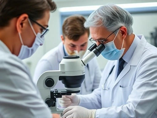 현미경으로 정자를 검사하는 의료진, 남성 난임 검사 과정 묘사 및 정자 건강 상태 확인