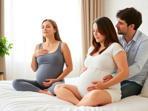 산모가 편안한 자세로 침대에 앉아 배우자와 함께 라마즈 호흡법을 연습하며 깊은 숨을 쉬는 모습