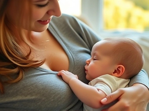 따뜻한 햇살 아래 편안한 자세로 모유수유를 하는 엄마와 아기의 클로즈업 사진, 아기가 엄마 품에 안겨 평화롭게 젖을 물고 있는 모습