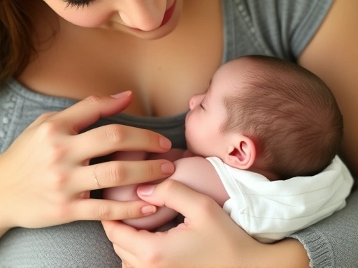 모유수유 중인 엄마의 손이 아기 머리를 부드럽게 감싸고 아기 입이 유륜 깊이 물린 모습
