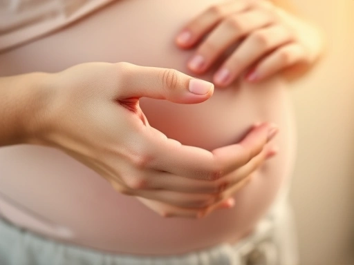 A detailed close-up of a pregnant woman's hand holding a newborn baby's hand, representing the comfort and relief after a childbirth procedure like painless labor, with a soft, warm light.