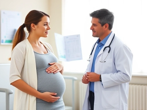 A pregnant woman consulting with a doctor, looking informed and calm, surrounded by medical charts and a serene hospital setting, reflecting the topic of painless childbirth decisions.