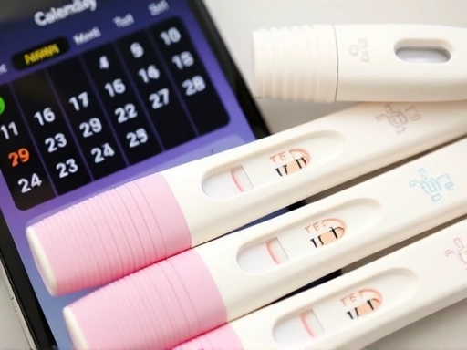 정확한 눈금이 있는 기초체온계와 배란 테스트기 스트립 여러 개가 나란히 놓여 있고, 그 옆에는 날짜가 표시된 달력이나 주기 앱 화면이 클로즈업된 모습