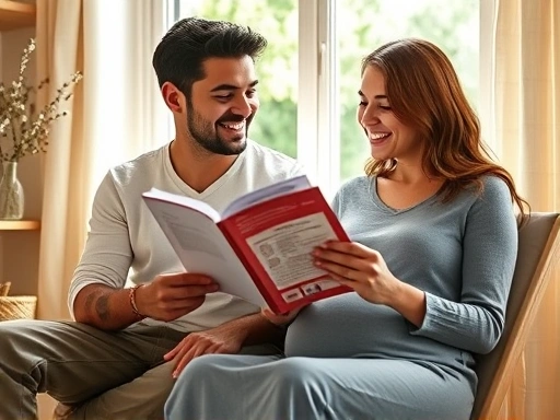 따뜻한 햇살이 드는 아늑한 공간에서 한 남녀 부부가 서로 마주보고 앉아 임신 준비 가이드를 함께 읽으며 편안하게 미소 짓고 있는 모습, 건강한 임신을 위한 부부의 노력과 기대감을 표현한 이미지