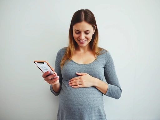 산모가 진통 측정 앱을 사용하여 진통 간격을 기록하고 있으며, 편안한 표정으로 호흡 조절에 집중하는 모습