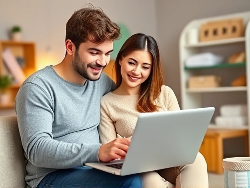 아기를 기다리는 부부가 노트북으로 분만 병원 선택 기준을 신중하게 검색하며 상담하는 모습