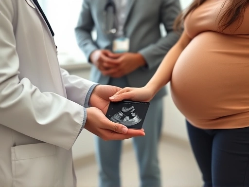 두 손을 맞잡은 부부가 분만 병원 상담실에서 의사와 진지하게 대화하는 클로즈업 장면