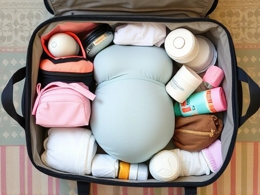 정리된 출산 가방과 출산용품, 아기용품이 깔끔하게 준비된 모습