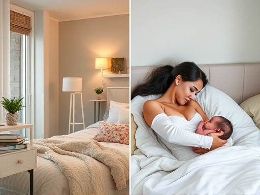 아늑하고 따뜻한 산후조리원과 편안한 가정집을 대조적으로 보여주며, 산모와 신생아가 평화롭게 휴식하는 장면