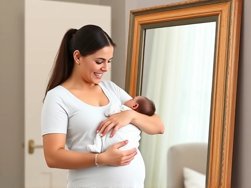 아기를 안고 있는 산모가 거울을 보며 자신의 몸을 바라보고 있는 장면