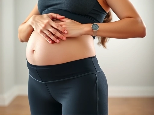 운동복을 입은 산모가 가벼운 스트레칭을 하고 있는 클로즈업 사진으로, 건강한 라이프스타일과 점진적인 운동 시작을 강조하는 이미지