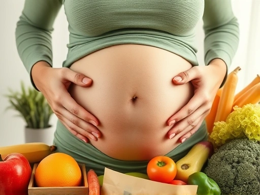A pregnant woman holding her belly, feeling constipated, with fruits and vegetables around her