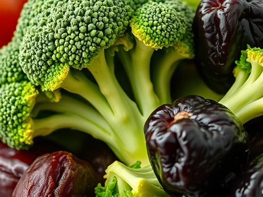 Close-up of fiber-rich foods like broccoli and prunes, showcasing natural constipation relief
