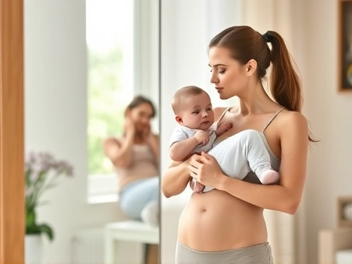아기를 안고 있는 젊은 엄마가 편안한 복부 운동복을 입고 거울 앞에서 횡격막 호흡 운동을 하는 모습. 밝고 따뜻한 집안 분위기 속에서 산후운동의 중요성을 보여주는 이미지.