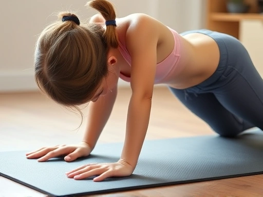 매트 위에서 무릎을 대고 플랭크 변형 운동을 하고 있는 젊은 엄마의 클로즈업. 운동 자세가 정확하며, 복직근이개를 고려한 안전한 코어강화 운동의 디테일을 강조하는 이미지.