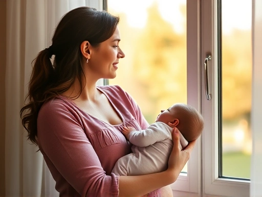 아기를 안고 있는 산모가 편안한 표정으로 창밖을 바라보며 산후 생리 재개 시기에 대한 고민을 덜어내는 모습