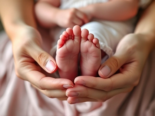 엄마의 손이 아기의 작은 발을 부드럽게 감싸고 있는 클로즈업 사진, 평온하고 사랑스러운 순간을 포착하며 산후 생리 재개 시기 등 출산 후 여성의 건강 회복 과정의 섬세함과 중요성을 나타내는 이미지