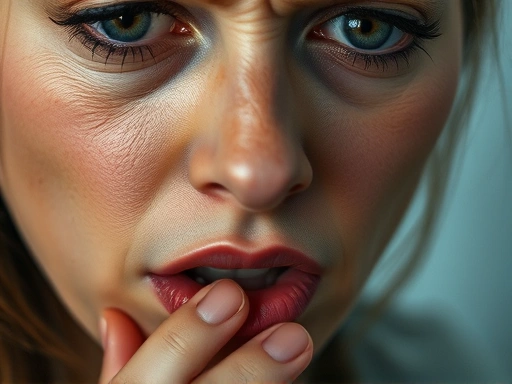여성의 얼굴을 클로즈업, 걱정스러운 표정으로 입술을 살짝 깨물고 있는 모습