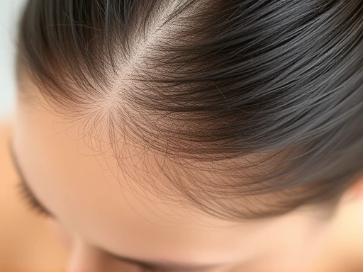 출산 후 여성의 두피를 클로즈업, 건강한 모발을 되찾기 위한 산후 탈모 관리 컨셉