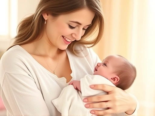 갓 태어난 아기를 안고 있는 산모의 행복한 모습