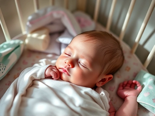 따뜻한 아기 침대에서 평화롭게 잠든 신생아의 클로즈업 사진, 부드러운 빛이 아기의 얼굴을 감싸고 있으며, 주변에는 아기용품이 정돈되어 있다.