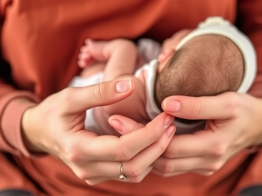 신생아를 안고 수유하는 부모의 손과 아기의 작은 손이 교차하는 클로즈업 이미지