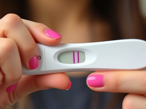 여성의 손이 클로즈업되어 배란 테스트기(OPK)의 두 줄 결과를 조심스럽게 확인하고 있는 모습, 테스트기의 선명한 색상과 초점이 맞춰진 상태로 임신 가능성 예측 방법을 구체적으로 묘사