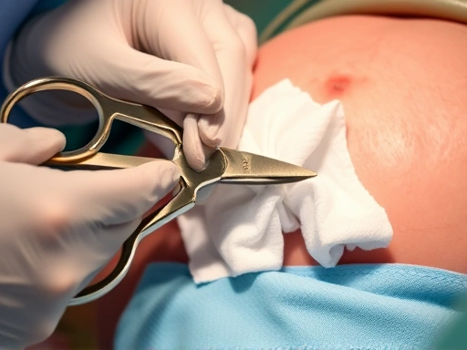 응급분만 시 탯줄을 안전하게 처리하는 과정을 클로즈업, 소독된 가위와 멸균 거즈 사용