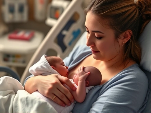 응급분만 상황에서 침착하게 신생아를 돌보는 여성의 모습