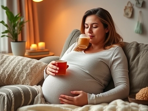 따뜻한 허브차를 마시며 편안하게 휴식을 취하는 임산부의 모습으로, 자연적인 감기 대처법과 임신 초기 감기 완화에 집중하는 분위기를 표현합니다.