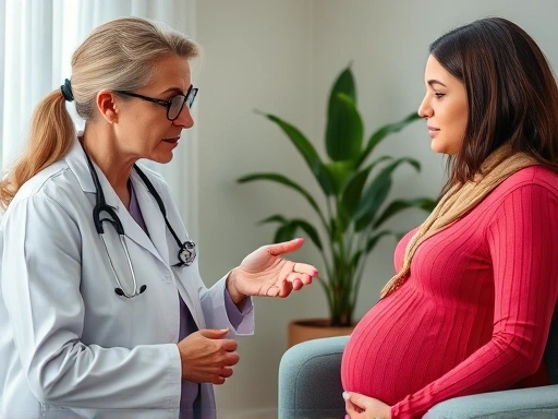 산부인과 의사가 임산부에게 감기약 복용에 대해 설명하며, 신중하게 상담하는 장면으로 임산부 감기 대처 및 안전한 약물 가이드를 상징합니다.