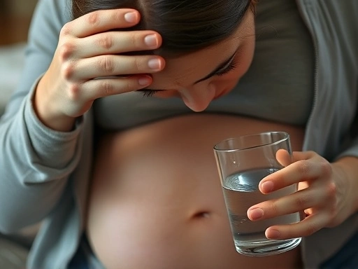 입덧으로 인해 피로해 보이는 임산부의 클로즈업.