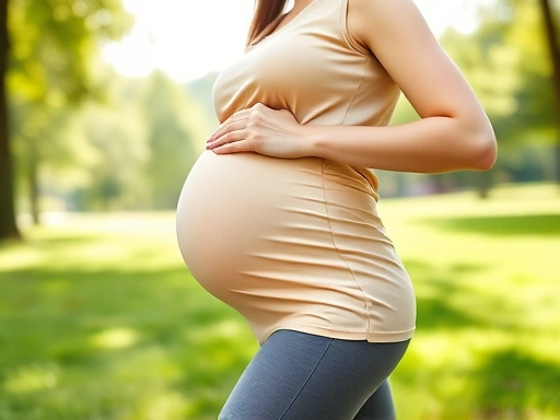 편안한 옷을 입은 임산부가 푸른 공원에서 가볍게 산책하거나 임산부 요가 동작을 하는 모습