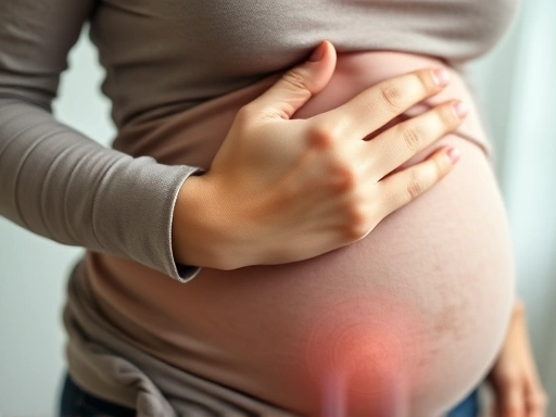 임산부가 손목에 통증과 저림을 느끼며 고통스러워하는 모습, 손목을 움켜쥐고 불편함을 호소하는 표정을 클로즈업하여 손목터널증후군의 불편함을 강조하는 이미지