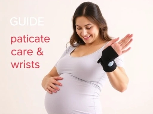 임산부가 손목 보호대를 착용하고 손목 스트레칭을 조심스럽게 하는 모습, 밝고 편안한 표정으로 손목 관리를 하는 모습을 담아 임신 손목 관리법을 시각적으로 보여주는 이미지
