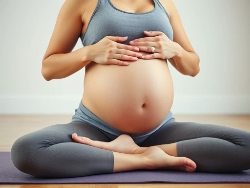 임산부가 요가 매트 위에서 임산부 요가 동작을 하고 있는 클로즈업 장면
