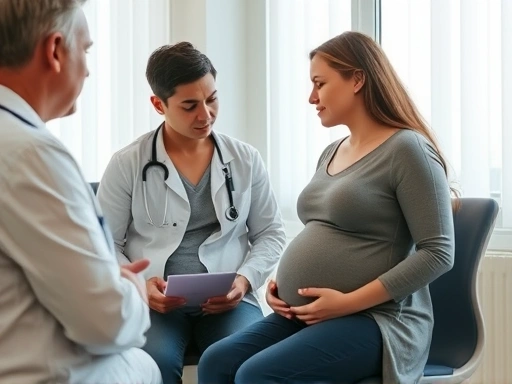 친절하게 설명하는 의사와 경청하는 임산부가 마주보고 앉아있는 클로즈업 장면