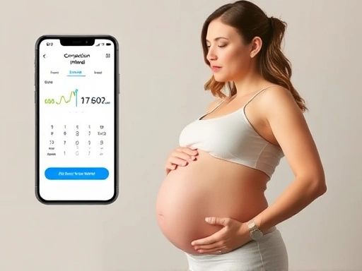 배가 부른 임산부가 평온한 표정으로 진통 간격 앱을 보며 숨을 깊게 쉬는 모습