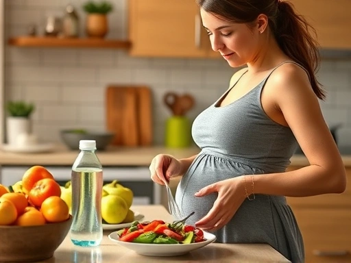 임산부가 건강한 식단을 통해 섬유질이 풍부한 과일과 채소를 섭취하며, 물병을 옆에 두고 수분을 충분히 섭취하는 밝고 따뜻한 주방 장면