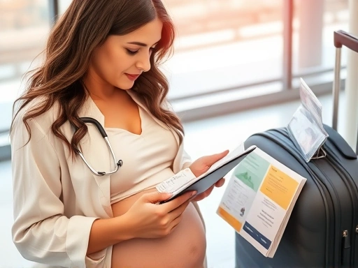 안전한 여행을 준비하는 임산부가 의사와 상담하며 여권, 산모수첩, 비행기 티켓 등 여행 서류를 꼼꼼히 확인하는 모습
