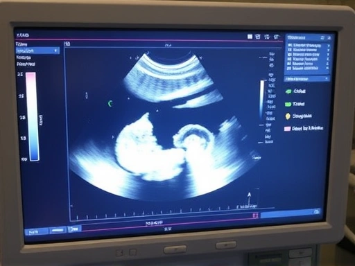 고해상도 의료용 초음파 기기 화면에 태아의 모습이 선명하게 비치고 있으며, 성별을 암시하는 특정 부분이 클로즈업되어 있는 모습, 정확하고 신뢰성 있는 태아성별확인 정보가 담긴 이미지를 연상시키는 정교하고 전문적인 묘사