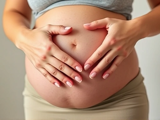 임신 초기부터 배와 허벅지에 임신선 크림을 부드럽게 바르며 피부를 촉촉하게 관리하는 예비 엄마의 손과 배 클로즈업 사진, 임신선 예방, 피부 보습