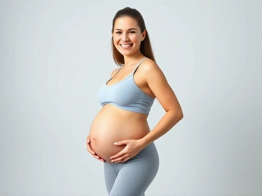 임신 중 균형 잡힌 식단과 적절한 운동으로 건강하게 체중을 관리하며 미소 짓는 임산부의 전신 모습