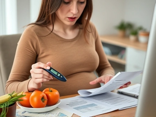 임신성 당뇨를 진단받은 임산부가 책상에 앉아 혈당 측정기와 혈당 노트를 보며 고민하는 모습