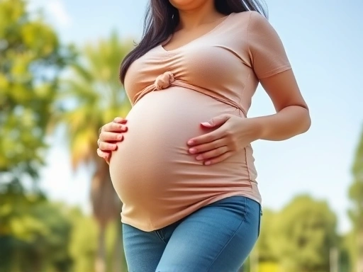 임신성 당뇨 관리를 위해 식사 후 편안한 복장으로 야외에서 가볍게 걷기 운동을 하는 임산부의 모습